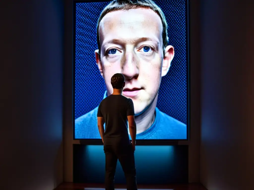 La influencia de los Illuminati en Zuckerberg: Zuckerberg en una habitación sombría rodeado de figuras misteriosas, frente a una pantalla de códigos