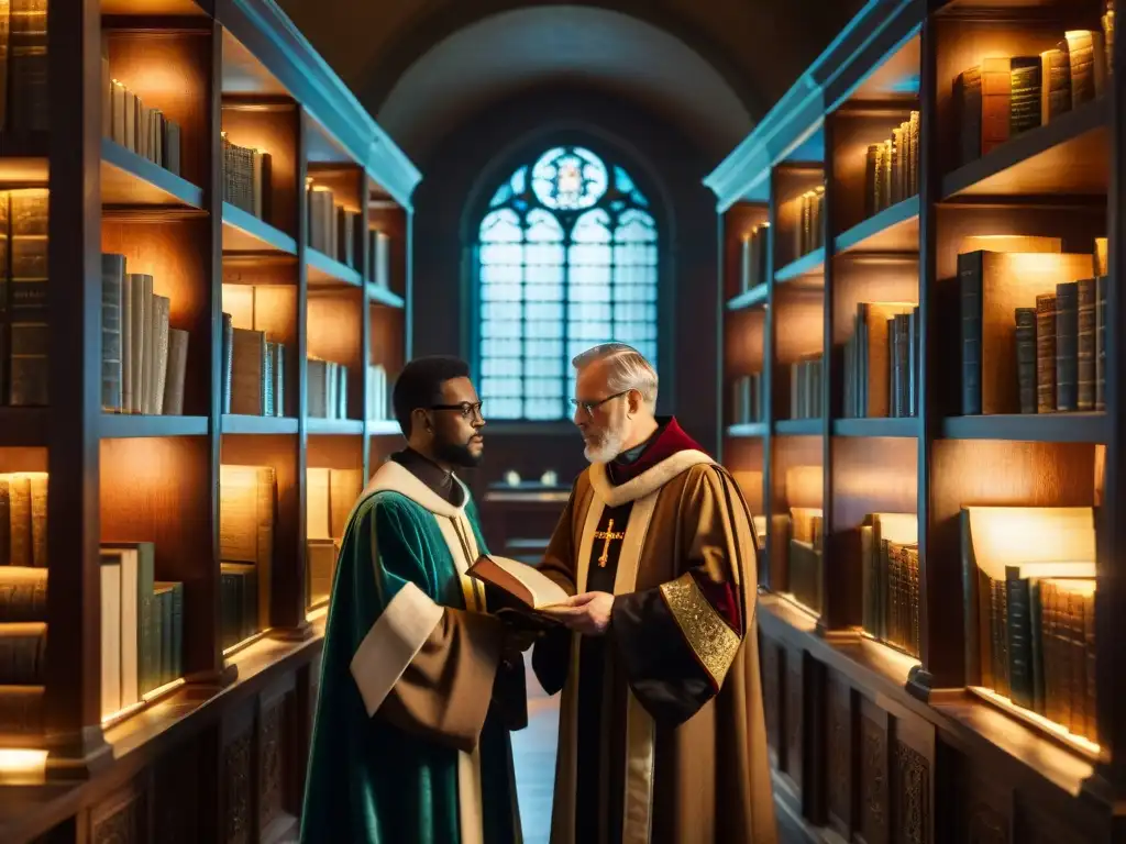 Influencia de los Jesuitas en una biblioteca antigua con libros y sacerdotes debatiendo