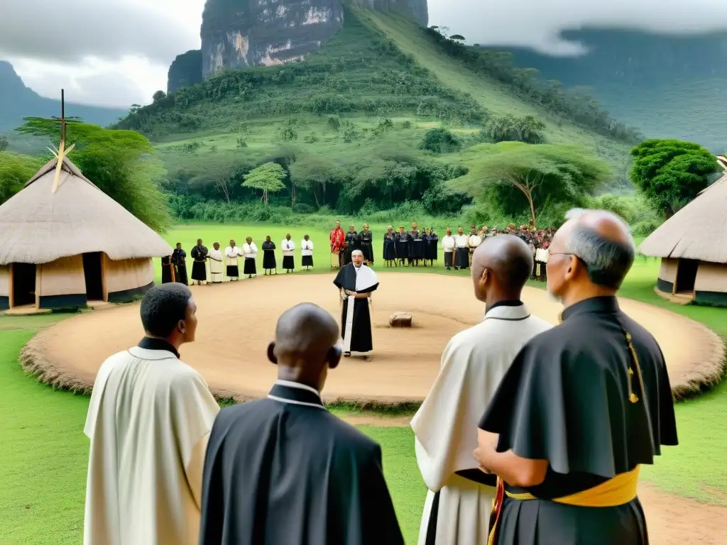 Influencia de los Jesuitas: Fotografía en blanco y negro de misioneros y comunidad indígena en diálogo apasionado en aldea remota