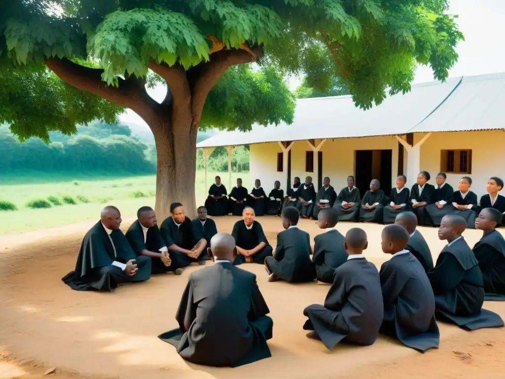 Influencia de los Jesuitas en la educación de niños en una aldea rural, con sacerdotes enseñando bajo un árbol