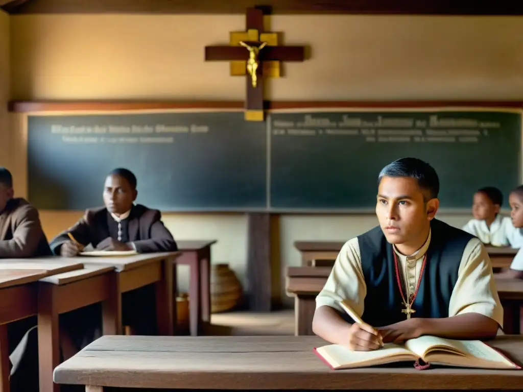 Influencia de los Jesuitas enseñando a niños indígenas en un aula histórica, capturando la interacción cultural y educativa