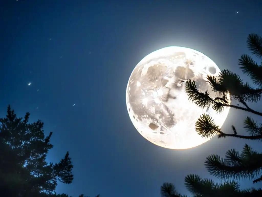 Influencia mágica de la luna llena sobre el bosque en la noche estrellada