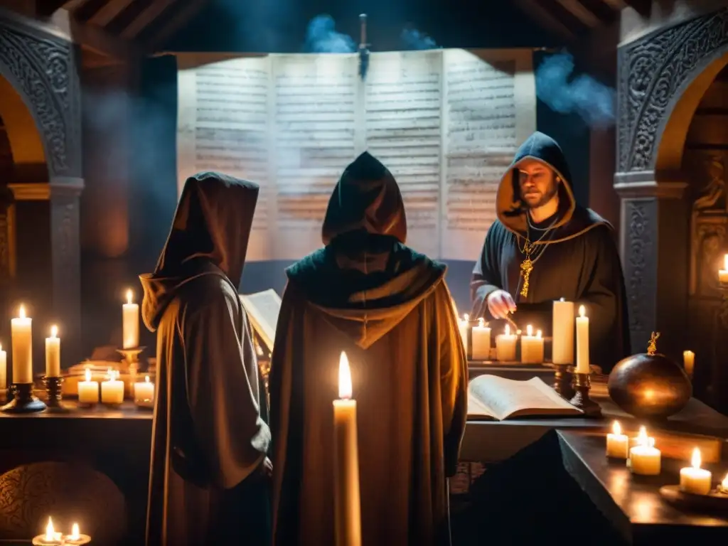 Influencia Rosacruz en música: músicos en sala misteriosa iluminada por velas, manuscritos antiguos, figura encapuchada dirigiendo con varita