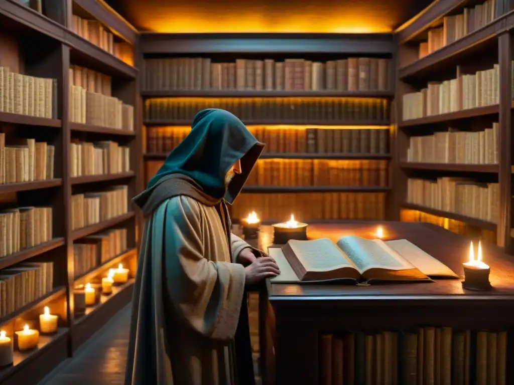 Influencia de los Rosacruces en una biblioteca misteriosa con libros antiguos y una figura solitaria leyendo a la luz de una vela