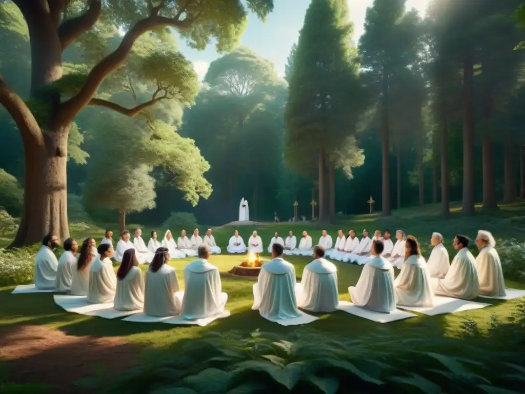 Influencia de los rosacruces moderno: Reunión espiritual en el bosque, individuos en túnicas blancas bajo la luz filtrada entre los árboles