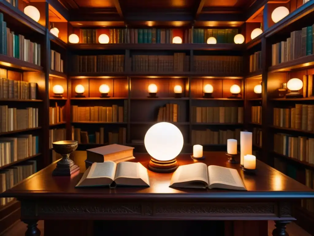 Influencia del Rosacrucianismo en sociedad: Biblioteca misteriosa iluminada por velas con libros antiguos y objetos científicos