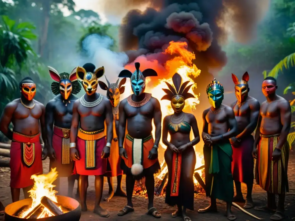 Influencia de sociedades secretas en la cultura africana: Grupo enmascarado alrededor de fogata en la selva