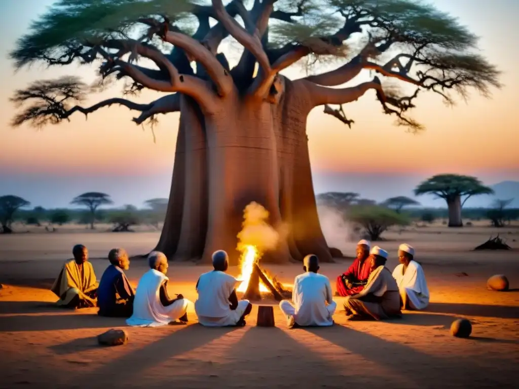 Influencia de sociedades secretas en la espiritualidad africana: Ancianos africanos en ritual bajo un Baobab al atardecer