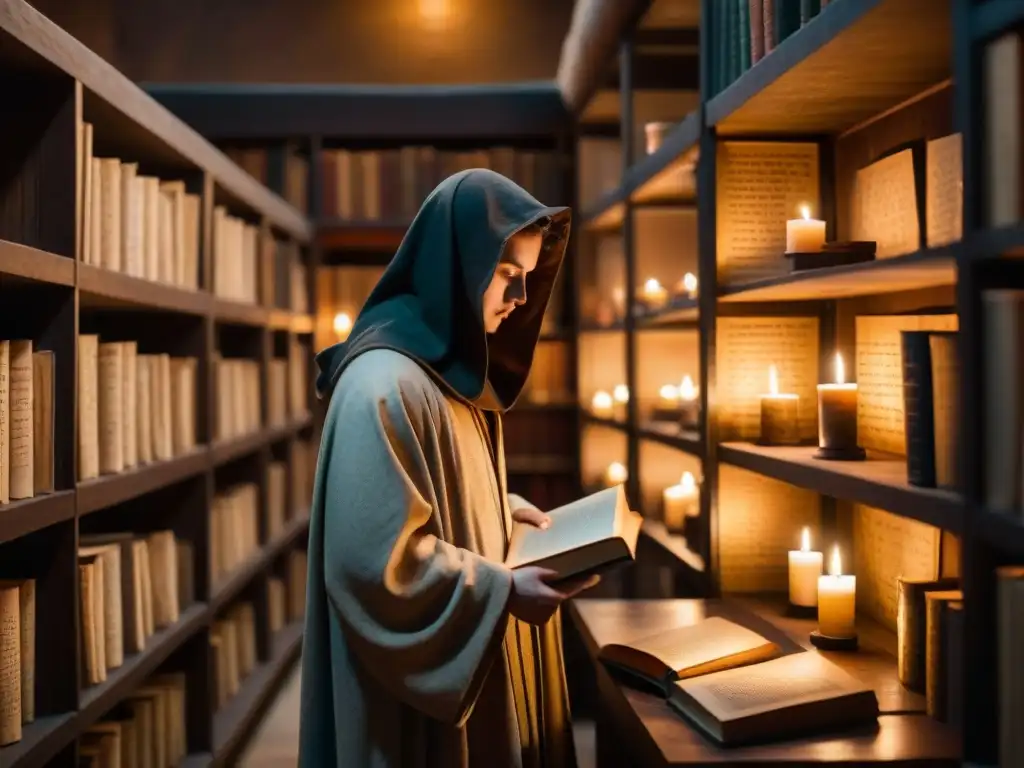 Descubre la influencia de las sociedades secretas en la historia en esta misteriosa biblioteca antigua iluminada por una vela