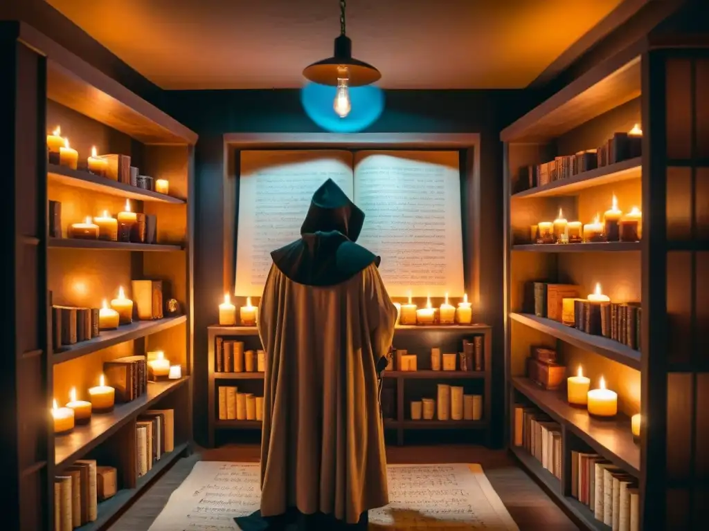 Influencia de sociedades secretas en homeopatía: misterioso estudio iluminado por velas y libros antiguos, con figura enigmática