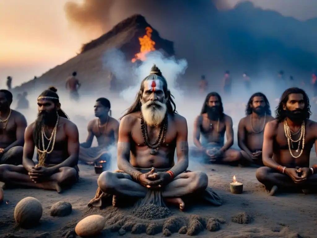 Influencia de sociedades secretas religiosas asiáticas: Aghori sadhus meditando entre piras funerarias y cenizas en la noche