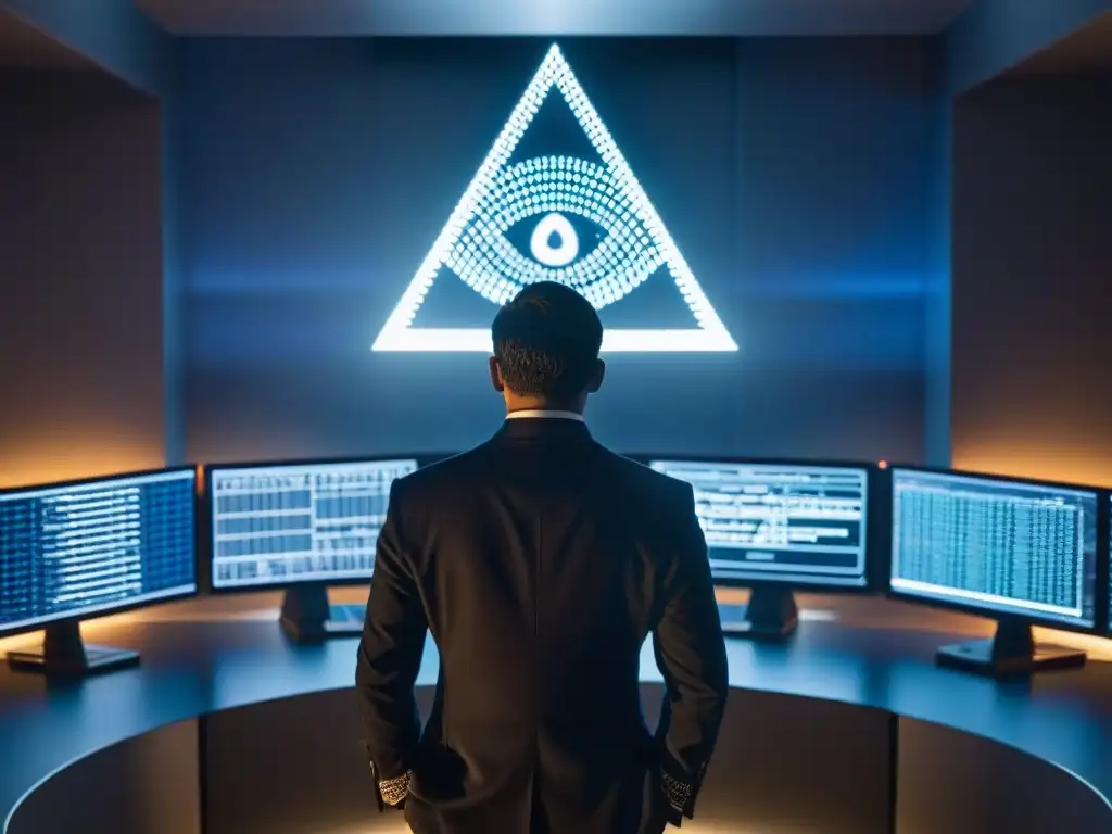 Influencia de los Illuminati en tecnología: Figura sombría rodeada de tecnología futurista y códigos, en una habitación oscura