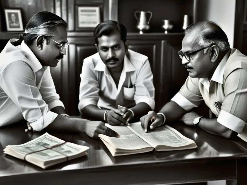 Reunión financiera de Chettiars: tradición y determinación Influyentes Chettiars en intensas discusiones financieras en escena vintage