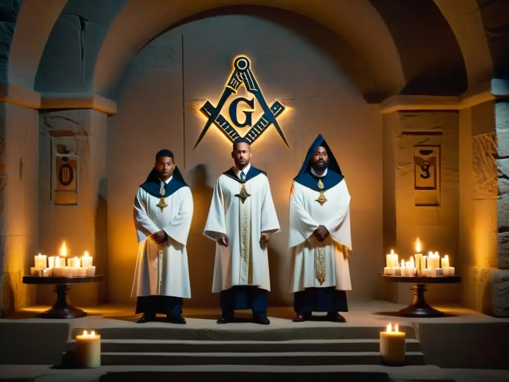 Iniciados en túnicas blancas, listos para rituales de la Masonería en cámara de piedra iluminada por velas