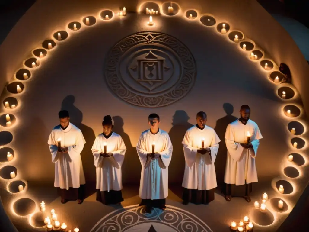 Iniciados en túnicas blancas rodeados de símbolos en ritual de paso en Rosacruz