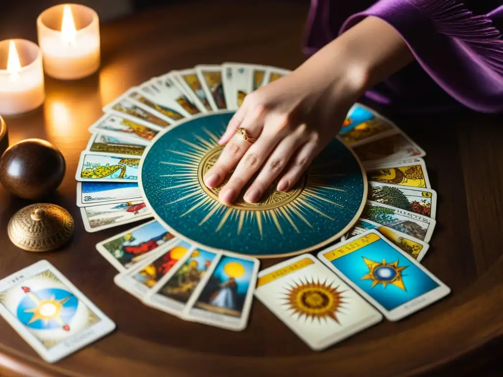 Inmerso en la energía de las mejores barajas de tarot, una persona medita con los ojos cerrados sobre una mesa de madera