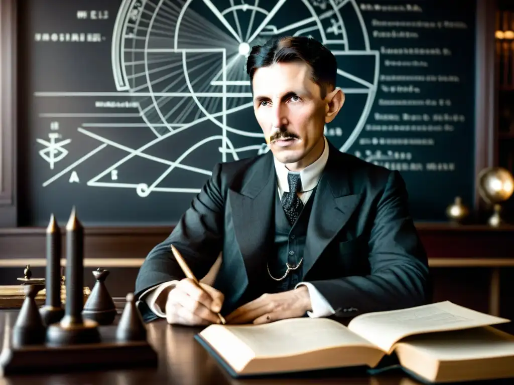 Nikola Tesla inmerso en un enigma matemático rodeado de símbolos, libros antiguos y instrumentos científicos en un ambiente misterioso e esotérico