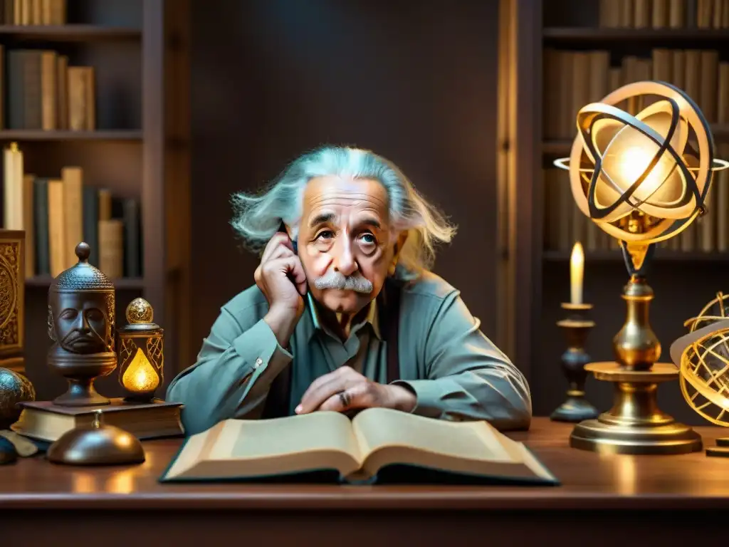 Einstein inmerso en estudio misterioso con símbolos esotéricos