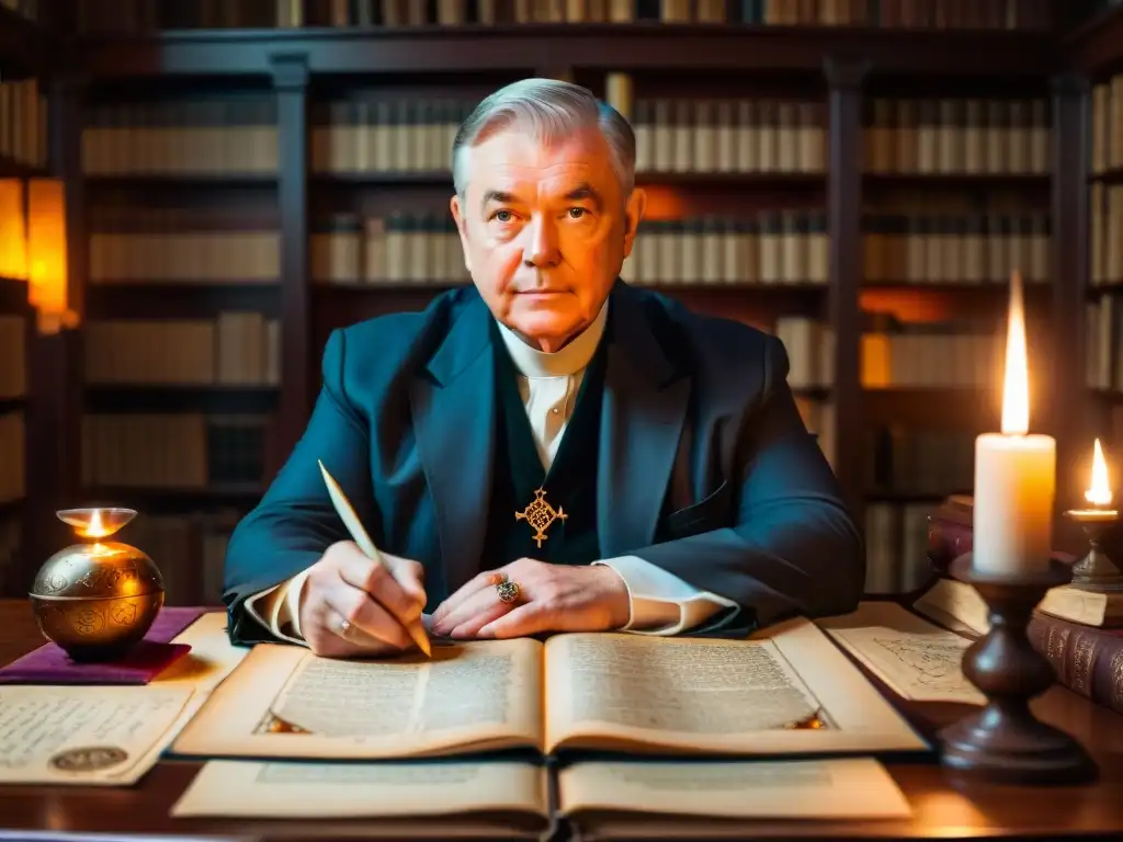 Kenneth Grant inmerso en la magia ceremonial: estudiando un antiguo grimorio entre libros y símbolos, bajo la luz de las velas