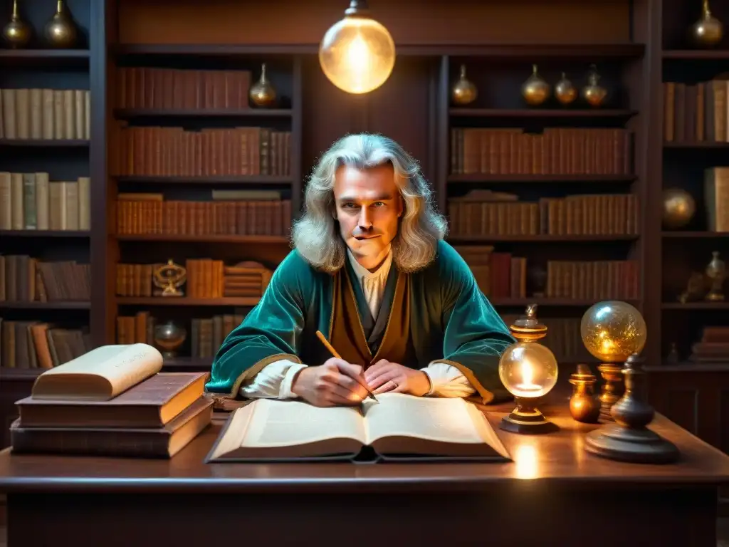 Isaac Newton, alquimista, inmerso en misteriosa exploración, rodeado de herramientas y manuscritos en su estudio iluminado por velas