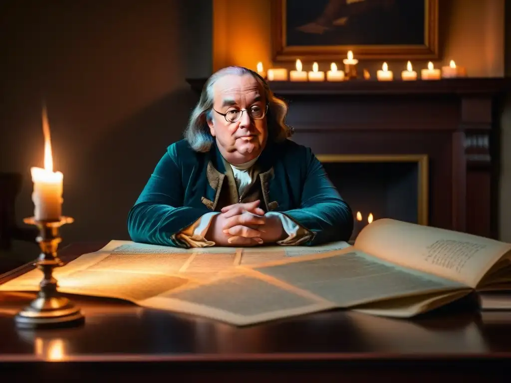 Benjamin Franklin inmerso en un misterioso estudio iluminado por una vela, rodeado de documentos y símbolos intrigantes