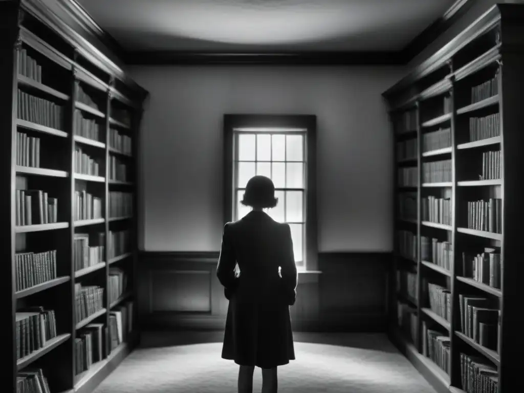 Fantasma en espejo: misterio en biblioteca antigua Inquietante fotografía en blanco y negro de una sala sombría con estanterías polvorientas