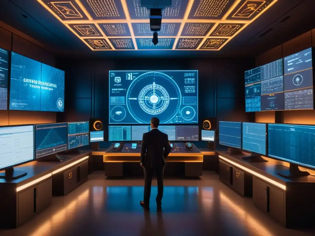 Inquietante escena de alta tecnología y símbolos antiguos en una sala iluminada con la influencia de los Illuminati en tecnología