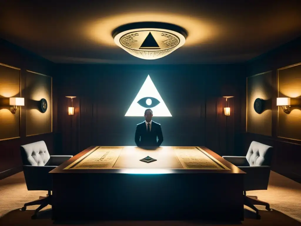 Inquietante sala de reuniones secreta iluminada débilmente con figuras sombrías y símbolo del ojo Illuminati