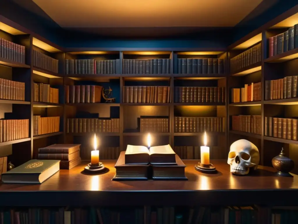 Inspiración en Aleister Crowley: biblioteca oscura y mística con antiguos libros, pentagramas e iluminación tenue