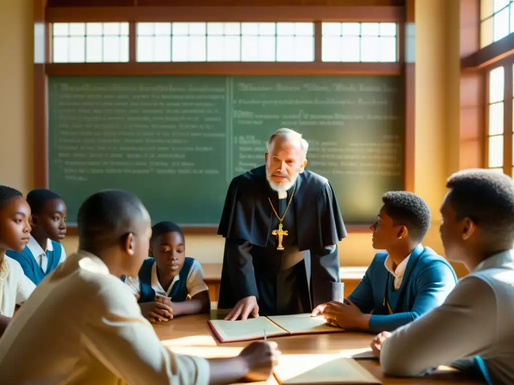 Inspirador retrato de un jesuita enseñando a estudiantes diversos en un aula, destacando la influencia de los Jesuitas en la actualidad