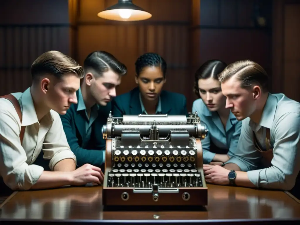 Un intenso momento de codebreakers descifrando mensajes en la Máquina Enigma durante la Segunda Guerra Mundial, en una atmósfera cargada de suspense y determinación