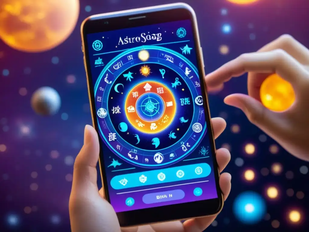 Interfaz de app de astrología moderna en pantalla de celular, fusionando tecnología y secretas influencias cósmicas