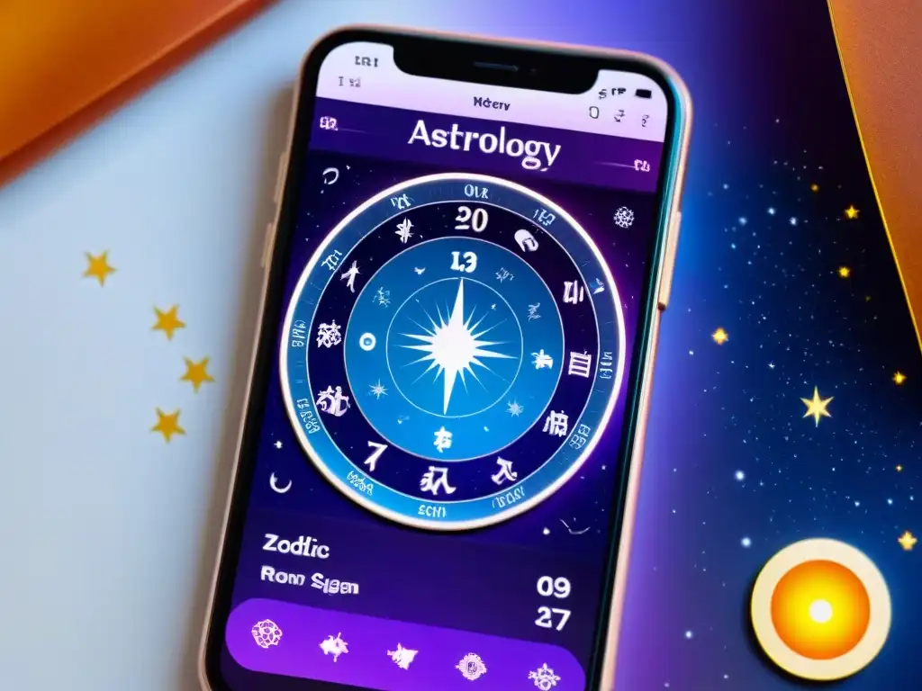 Interfaz de app de astrología para encontrar pareja ideal con gráficos celestiales detallados y análisis de compatibilidad entre signos zodiacales