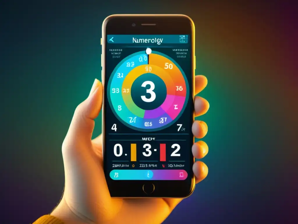 Una interfaz de app de numerología en un smartphone, con gráficos coloridos y patrones numéricos, destacando las Apps de numerología para smartphone