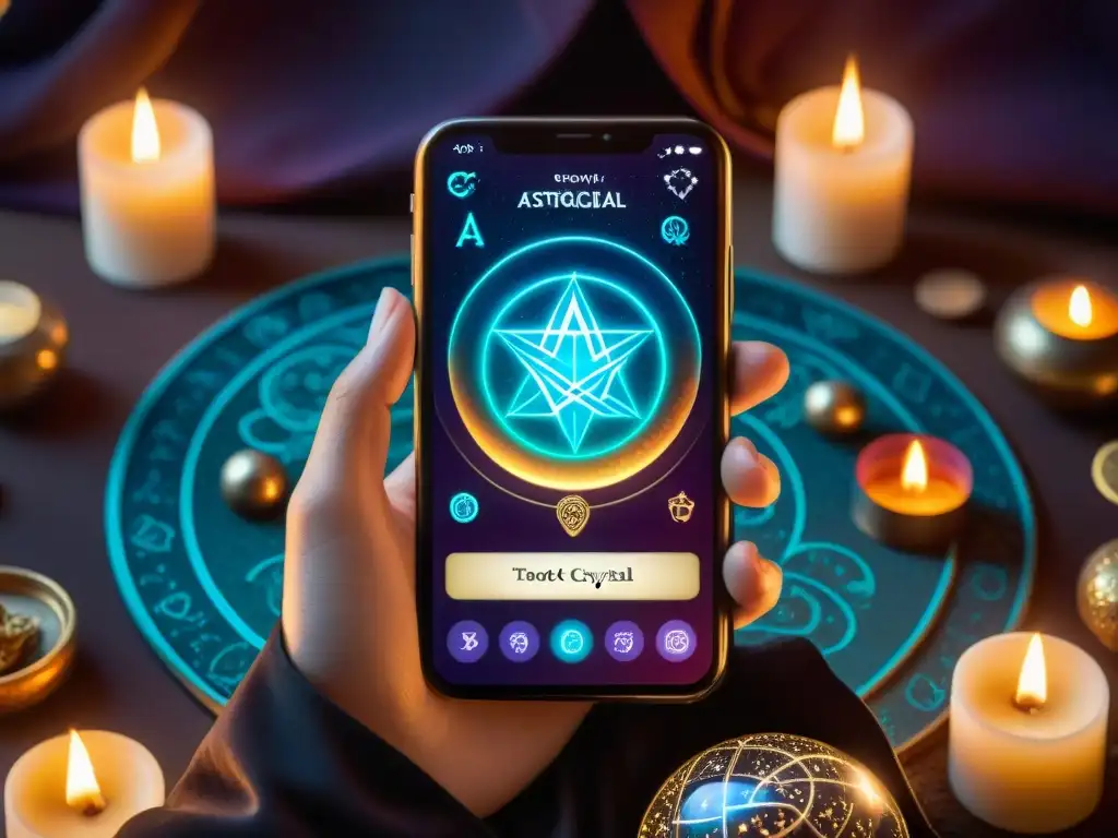 Interfaz mística con mapa celestial, tarot digital y bola de cristal, rodeada de velas y humo de incienso