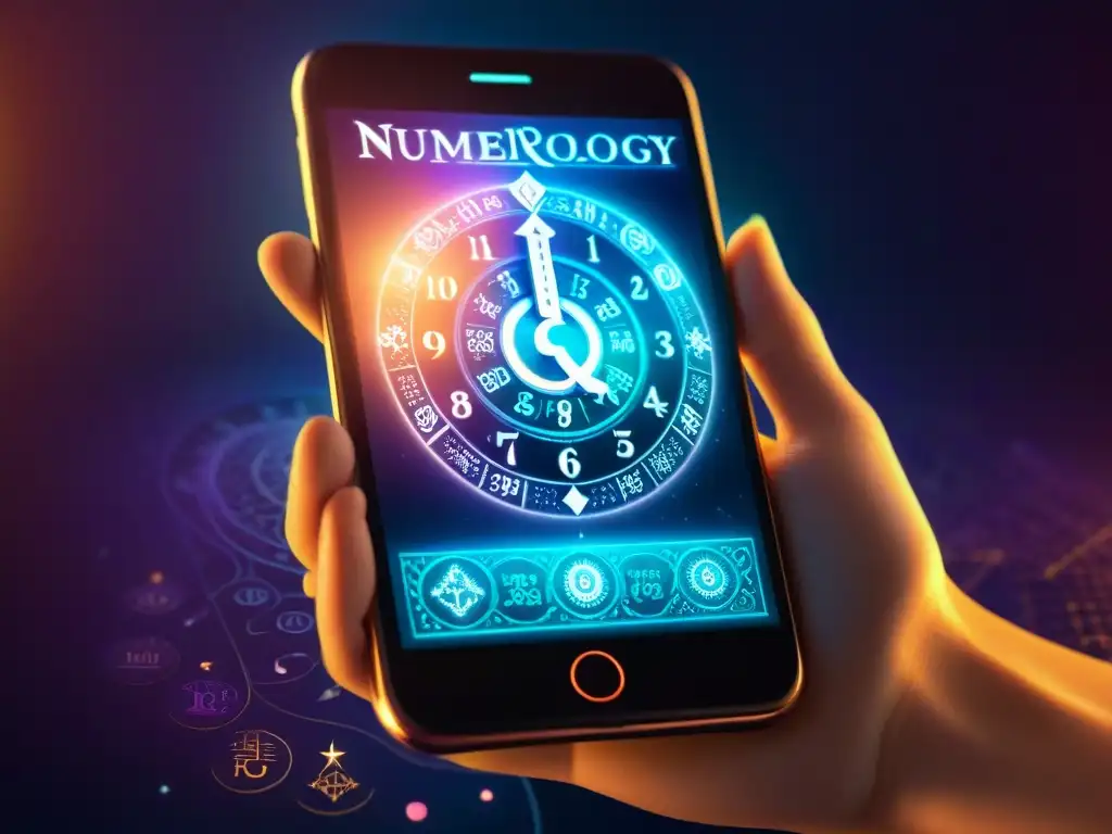 Una interfaz vibrante de app de numerología en pantalla de smartphone, con gráficos detallados y símbolos místicos