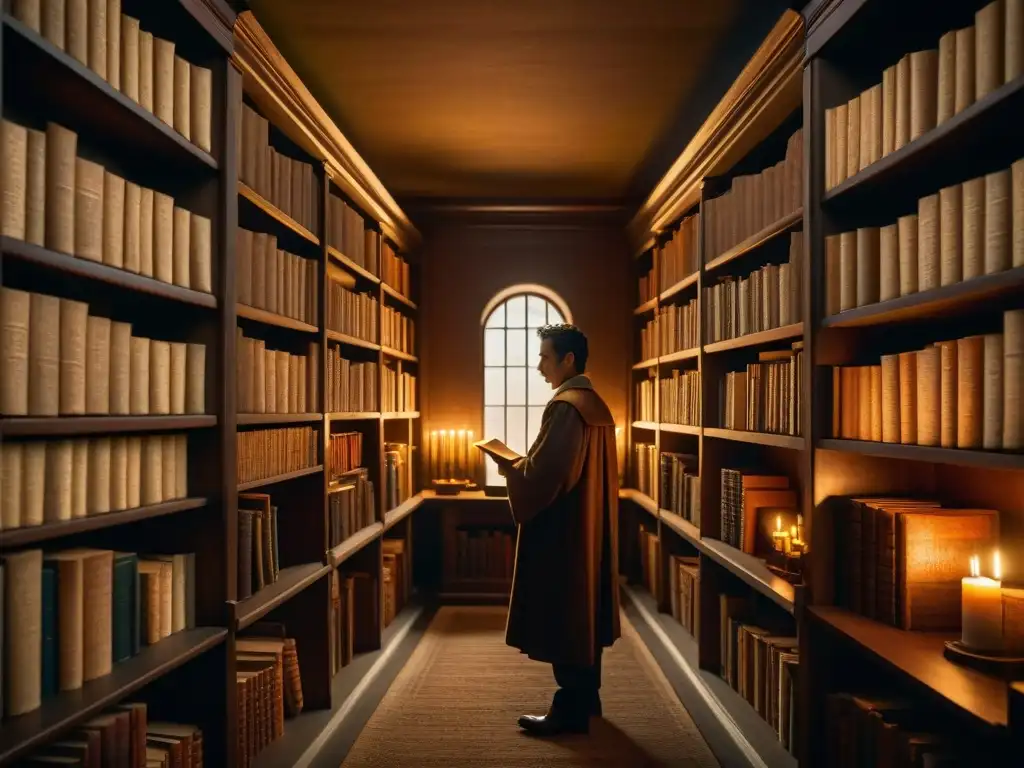 Interior de biblioteca secreta iluminada por una vela, llena de manuscritos antiguos, creando atmósfera de misterio y conocimiento