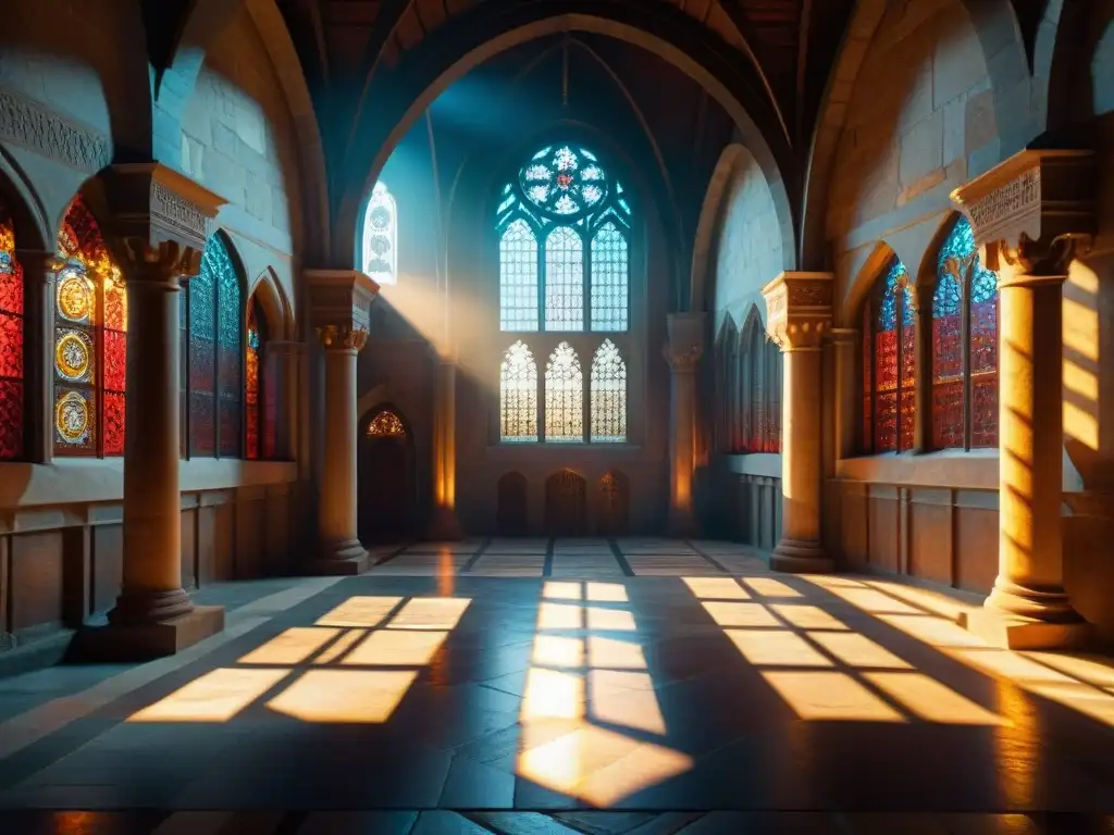 Interior de un castillo templario antiguo al atardecer, con sombras largas y tallados iluminados por la luz filtrada