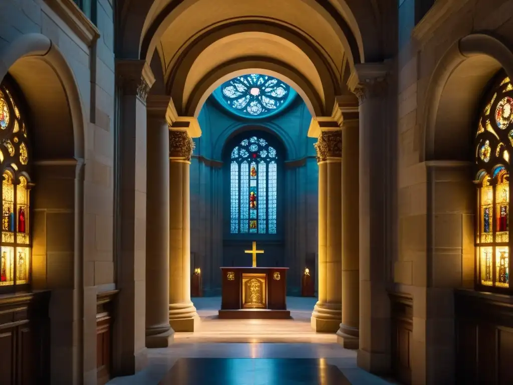 Interior detallado de la iglesia Saint-Sulpice en París con pasadizo secreto iluminado, evocando misterio de Sociedades secretas en la historia