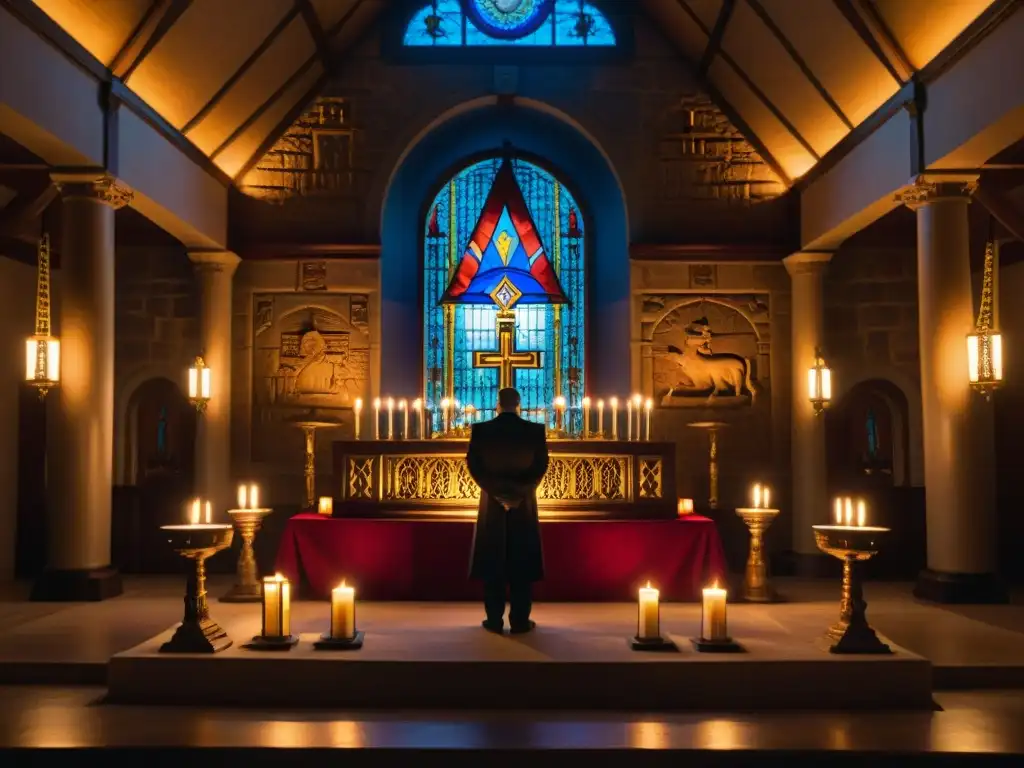 En el interior de un templo masónico, misterios de la Masonería revelados en una ceremonia en penumbra