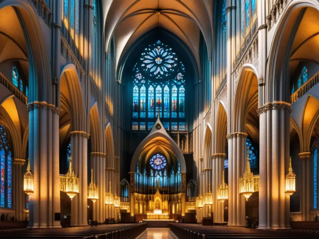 Interpretaciones artísticas del ascenso espiritual: Detalle de una majestuosa catedral con juegos de luz y sombra en columnas y vitrales