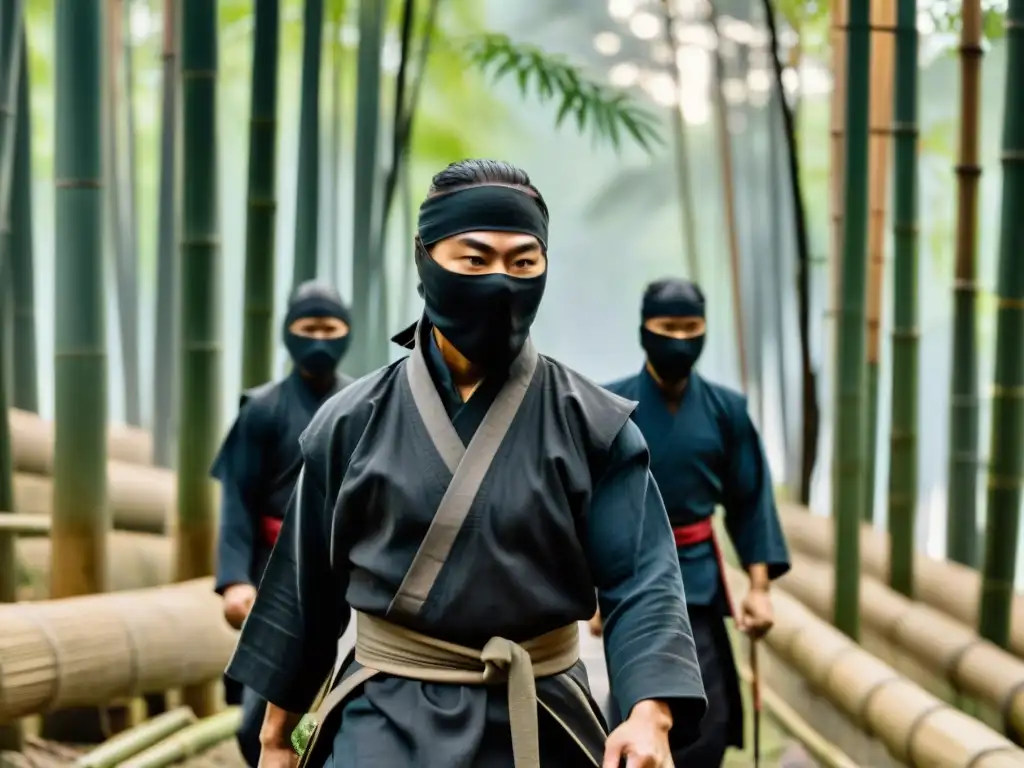 Intrépidos Ninja se desplazan sigilosamente por un bosque de bambú al atardecer, listos para su misión