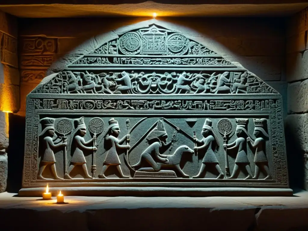 Intricada talla de piedra en templo antiguo de la India, muestra reunión de sociedad secreta en cámara iluminada tenue