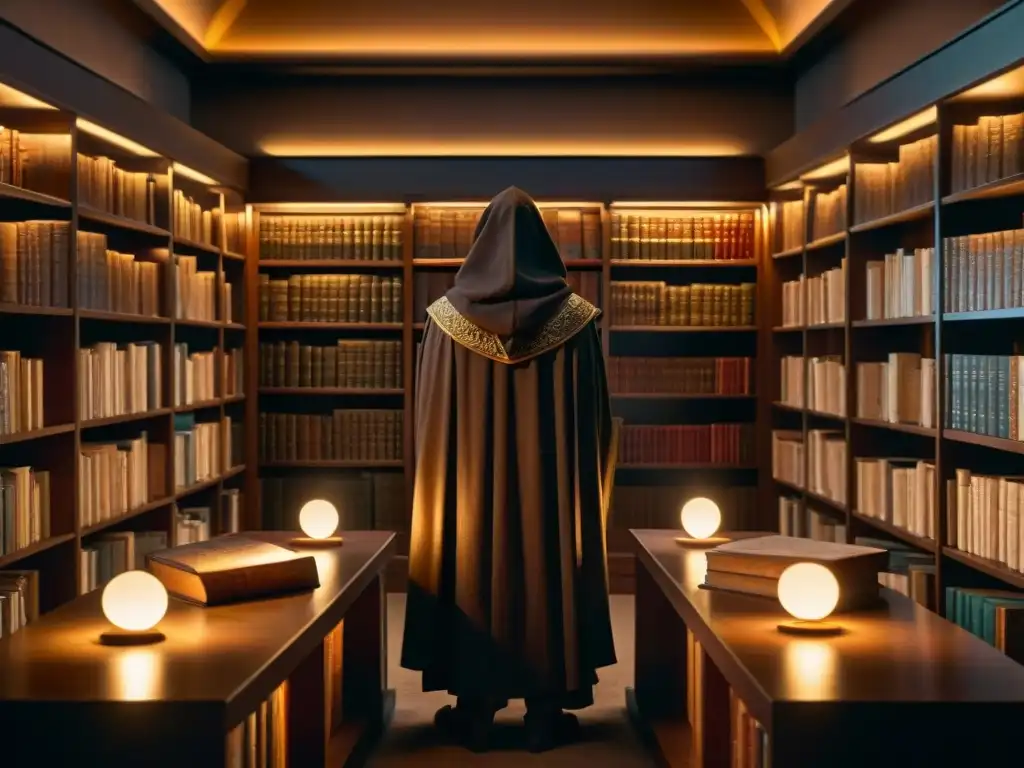 Escena misteriosa en biblioteca antigua con símbolo en pedestal Intrigante biblioteca con libros antiguos, figura misteriosa y símbolo en pedestal