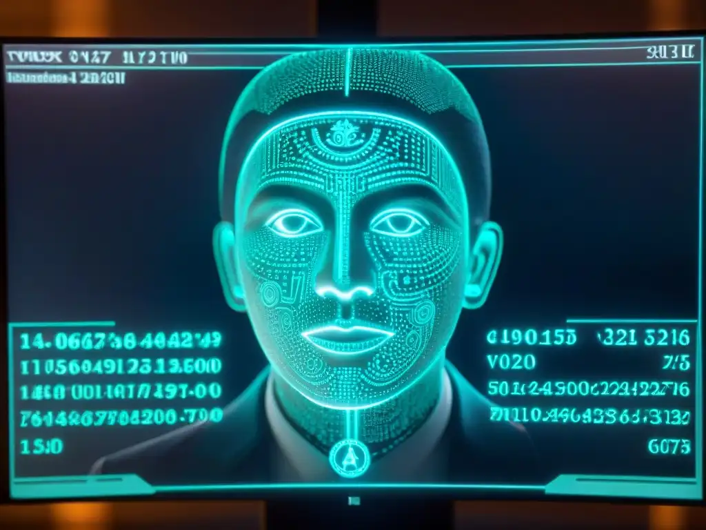 Intrigante código y símbolos iluminados, rodeados de figuras misteriosas