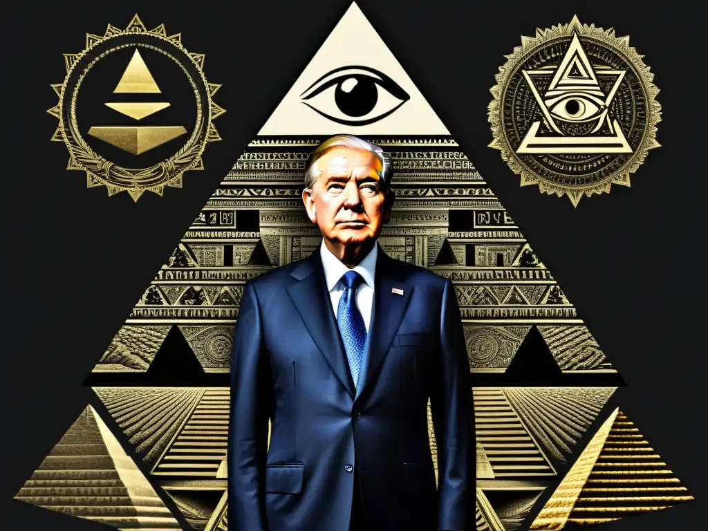 Un intrigante collage de líderes mundiales, figuras históricas y simbología Illuminati, con un aura misteriosa y conspirativa