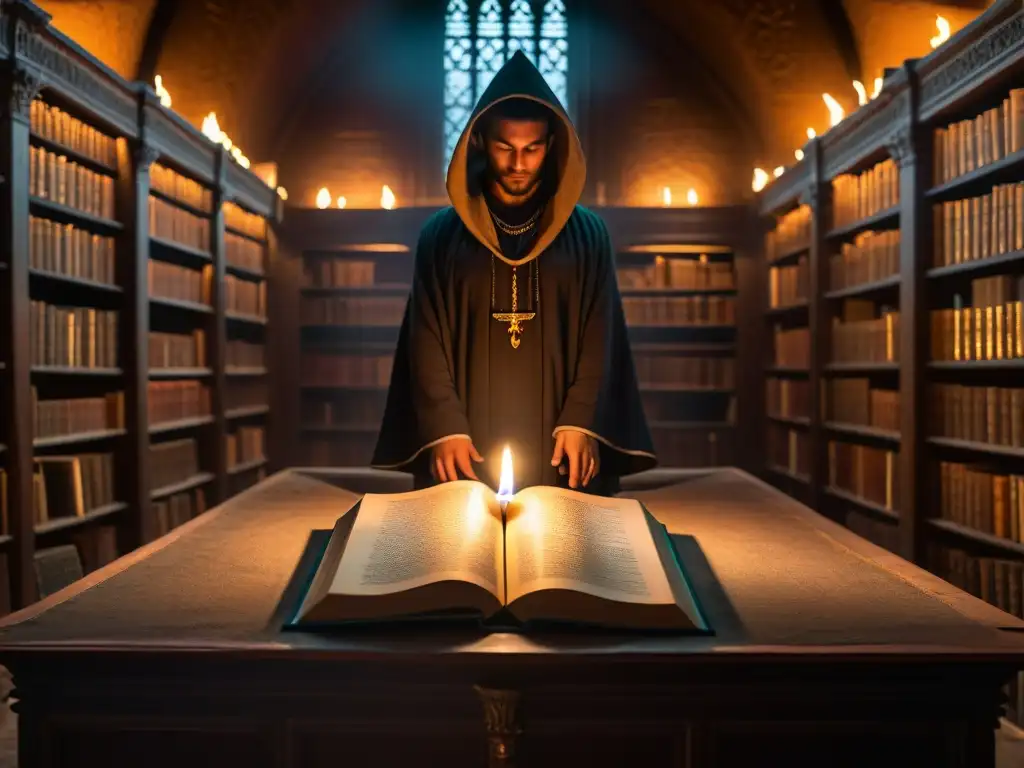 Intrigante escena en una antigua biblioteca iluminada por una vela, con figuras en capuchas alrededor de un libro