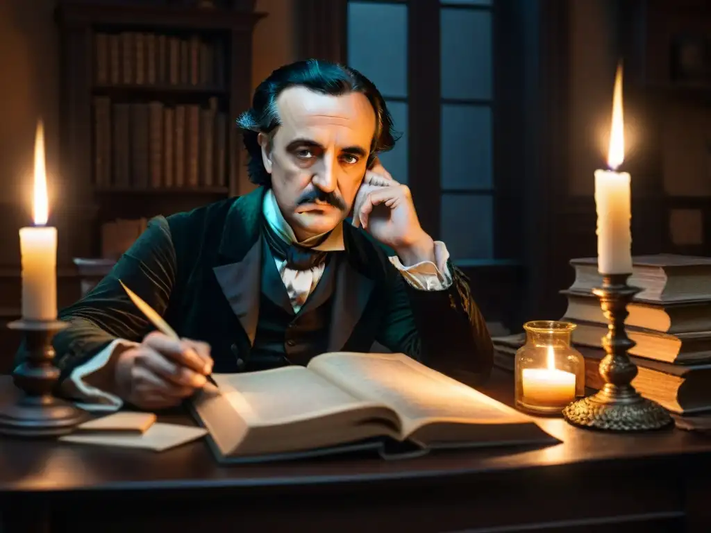 Intrigante escena: Edgar Allan Poe en su escritorio, luz tenue de velas, rodeado de libros polvorientos y objetos misteriosos