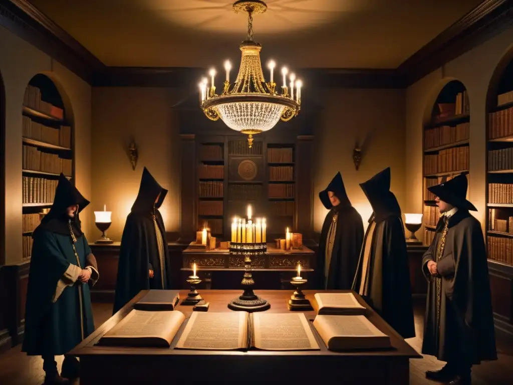 Intrigante escena de la reunión secreta de Illuminati en una biblioteca antigua iluminada por velas