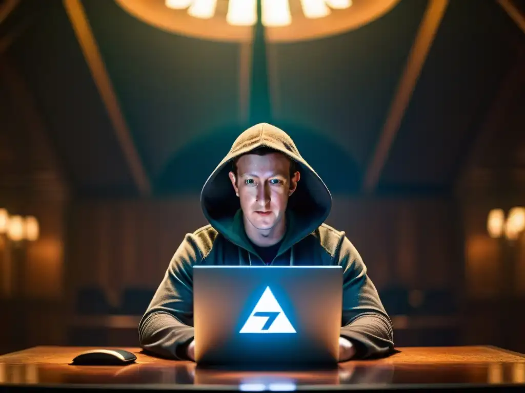 Intrigante escena de Mark Zuckerberg rodeado de figuras encapuchadas con símbolos Illuminati susurrándole secretos